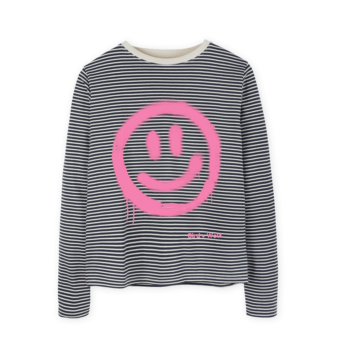 Oat & Navy Stripe Smiley Face Pink\/Stripey Heavyweight Long Sleeved Tee