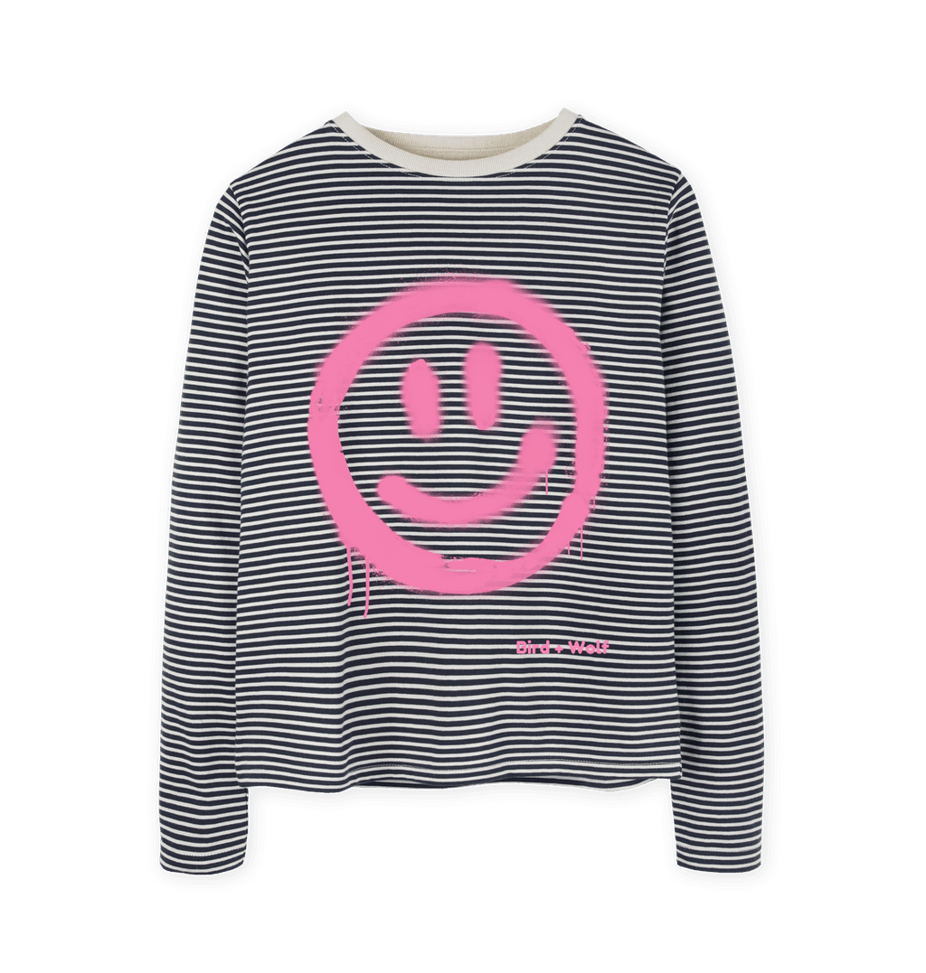 Oat & Navy Stripe Smiley Face Pink\/Stripey Heavyweight Long Sleeved Tee