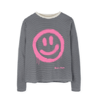 Oat & Navy Stripe Smiley Face Pink\/Stripey Heavyweight Long Sleeved Tee