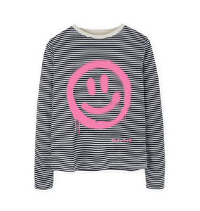 Oat & Navy Stripe Smiley Face Pink\/Stripey Heavyweight Long Sleeved Tee