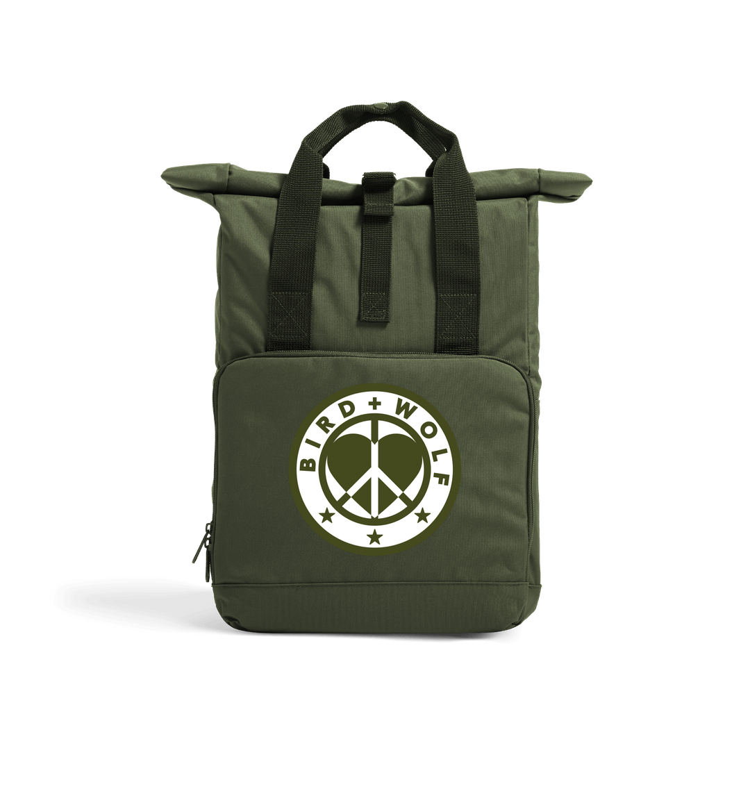 Olive Green Bird + Wolf Green Logo Roll Top Rucksack