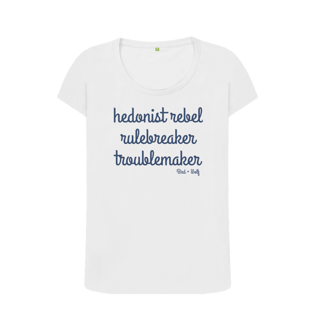 White Hedonist Rebel Scoop Neck Tee (Blue Lettering)