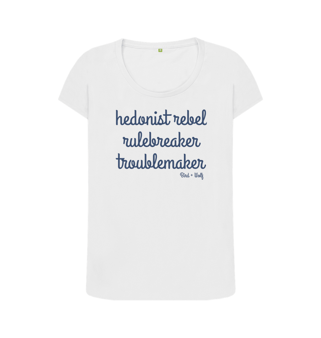 White Hedonist Rebel Scoop Neck Tee (Blue Lettering)