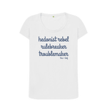 White Hedonist Rebel Scoop Neck Tee (Blue Lettering)