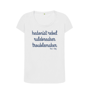 White Hedonist Rebel Scoop Neck Tee (Blue Lettering)