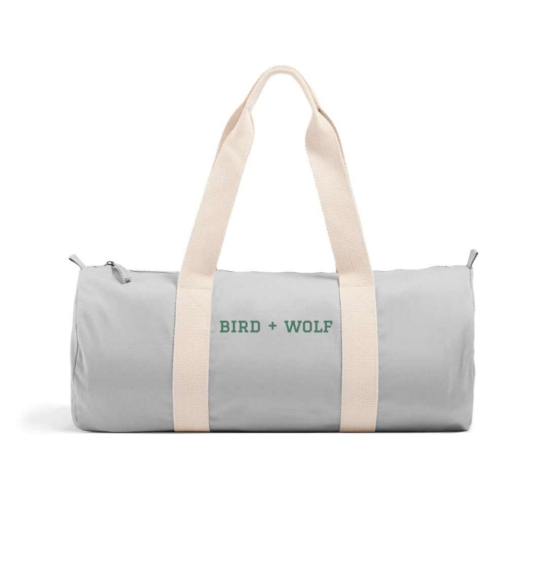 Light Grey Bird + Wolf Duffel Bag (Green Lettering)