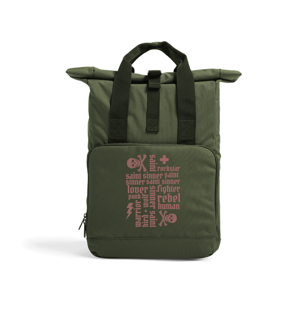 Olive Green Sinner Saint + More Roll Top Rucksack (Rust Lettering)