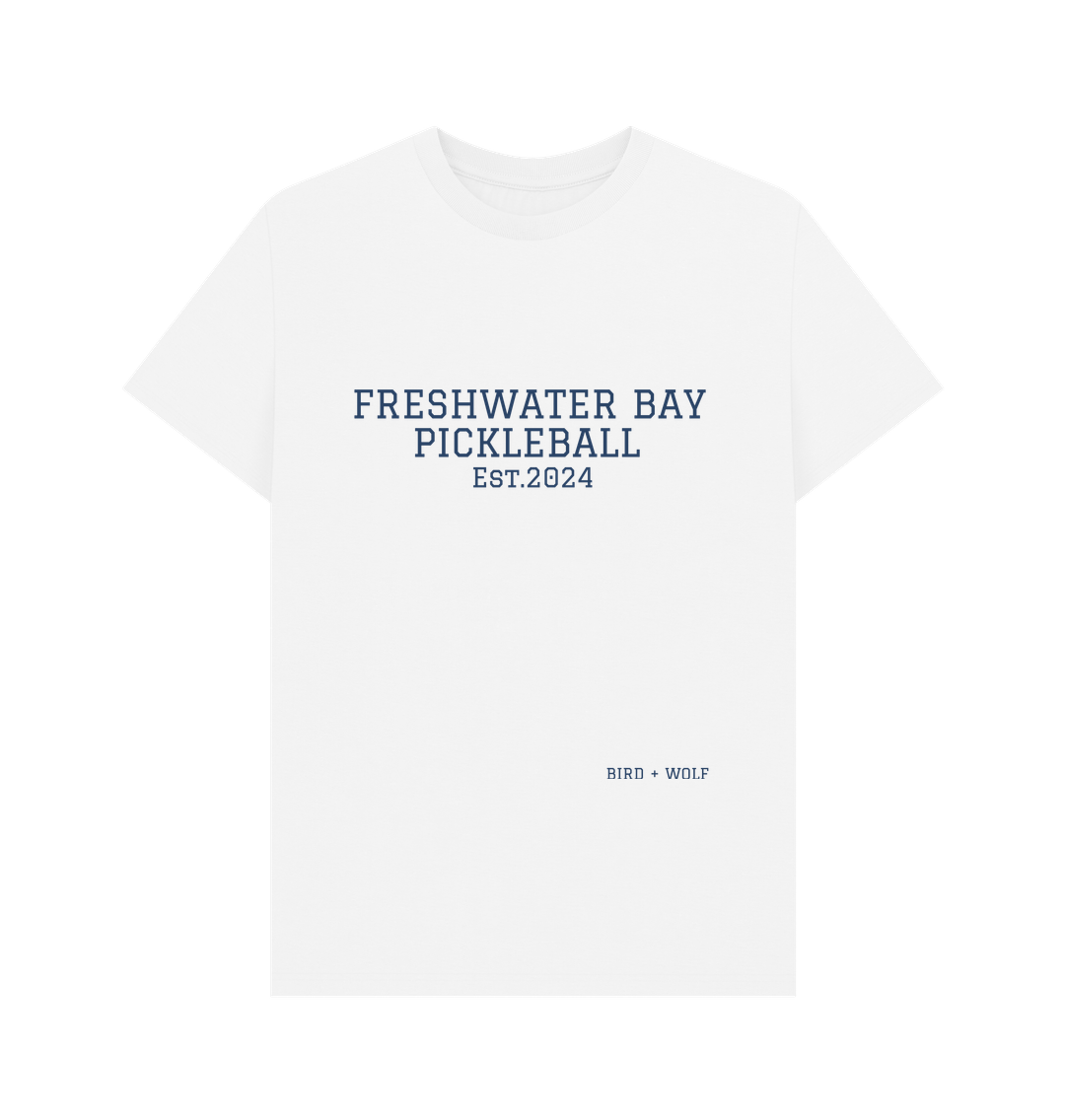 White Freshwater Bay Pickleball Classic Tee (Navy Lettering).