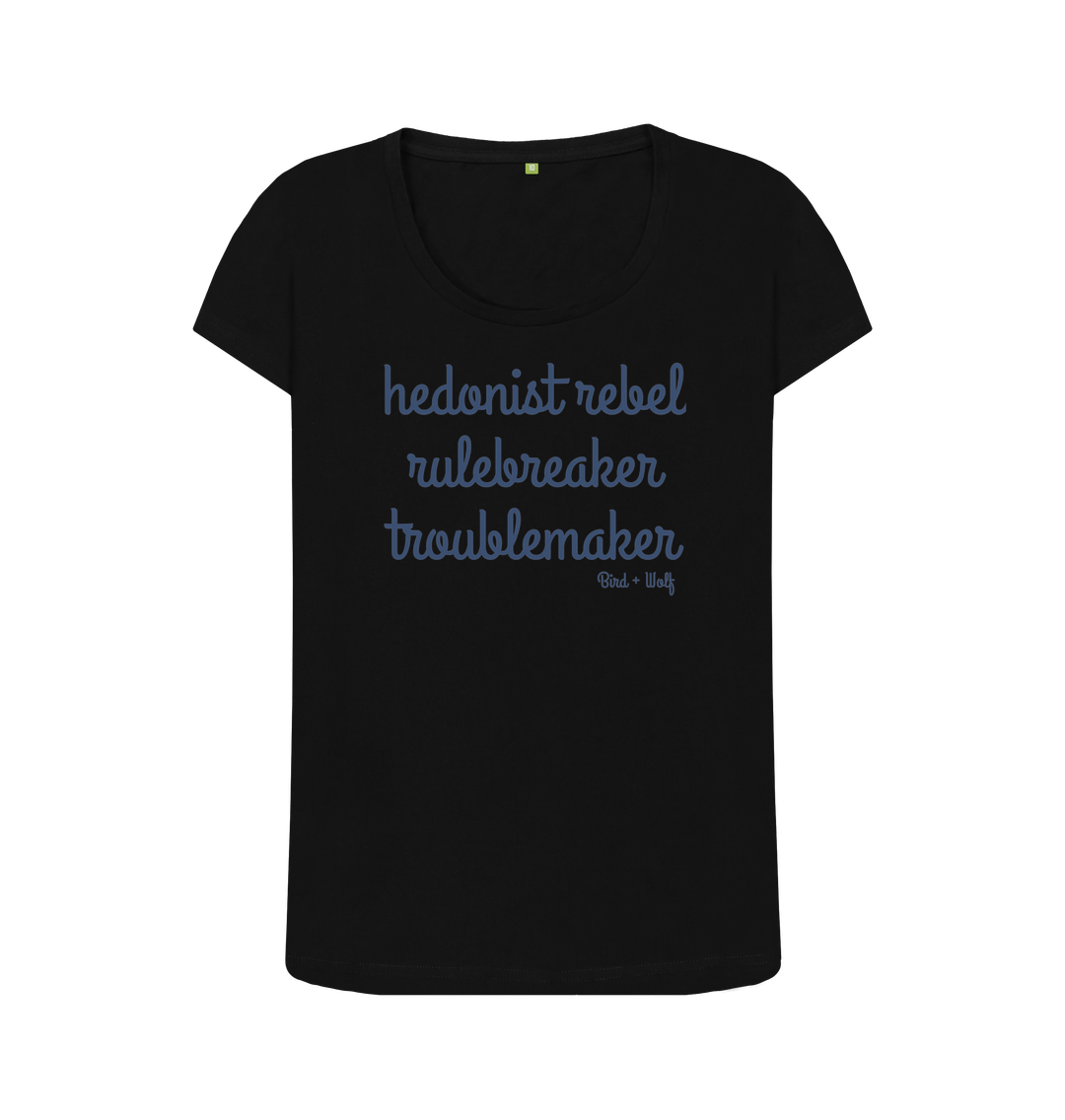 Black Hedonist Rebel Scoop Neck Tee (Blue Lettering)