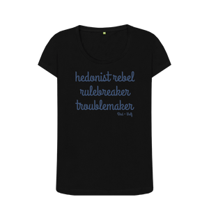 Black Hedonist Rebel Scoop Neck Tee (Blue Lettering)