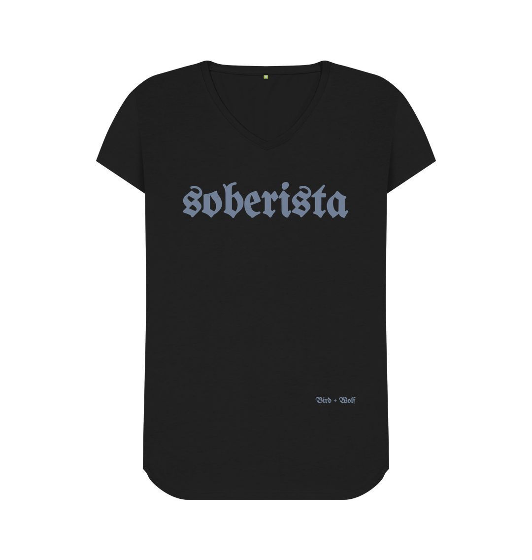 Black Soberista V Neck Tee (Grey Lettering)