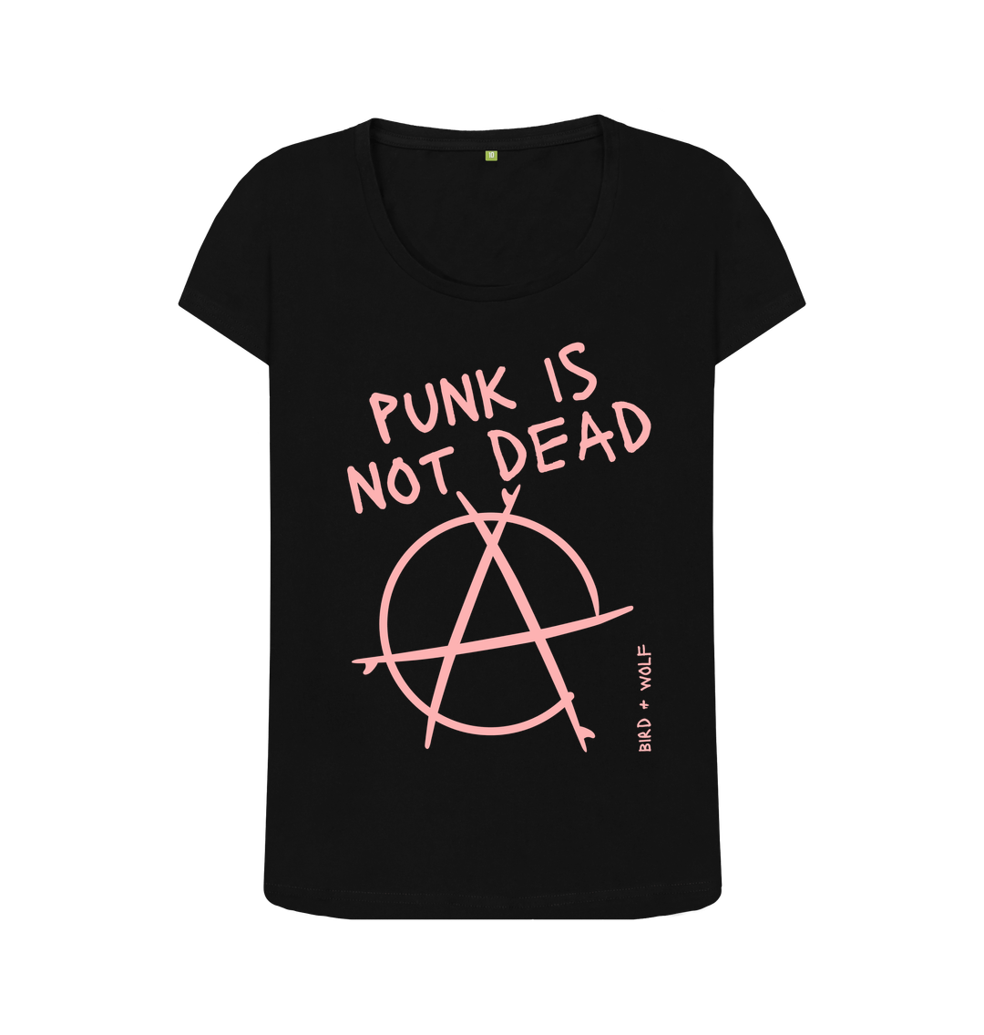 Black Punk Is Not Dead Scoop Neck Tee (Pink Lettering)