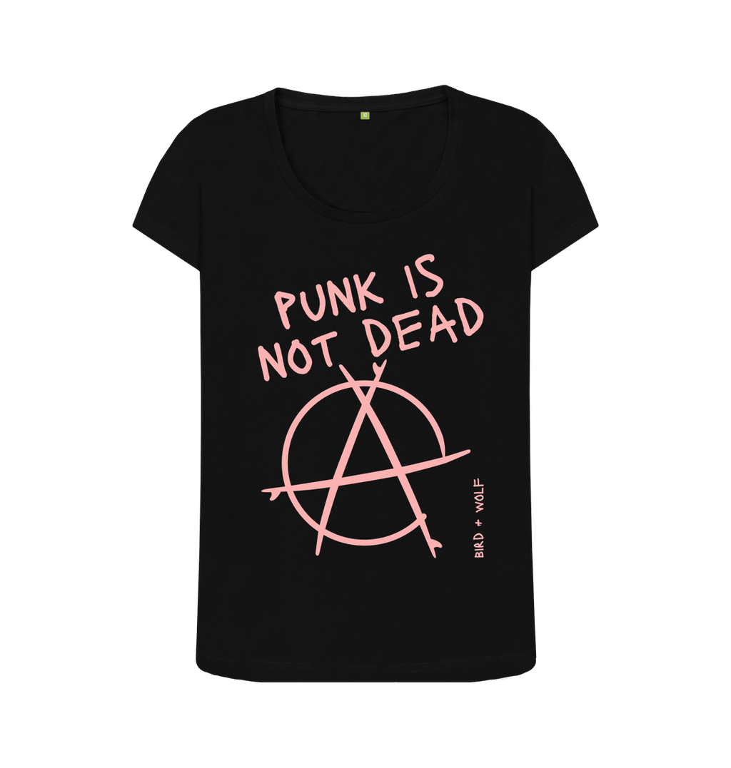 Black Punk Is Not Dead Scoop Neck Tee (Pink Lettering)