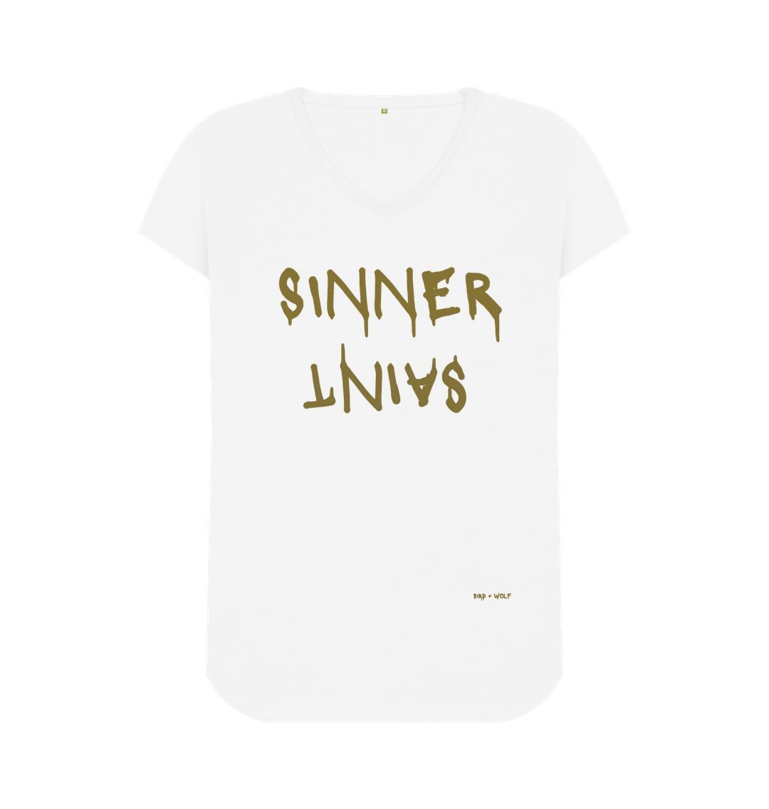 White Sinner Saint V Neck Tee (Gold Lettering)