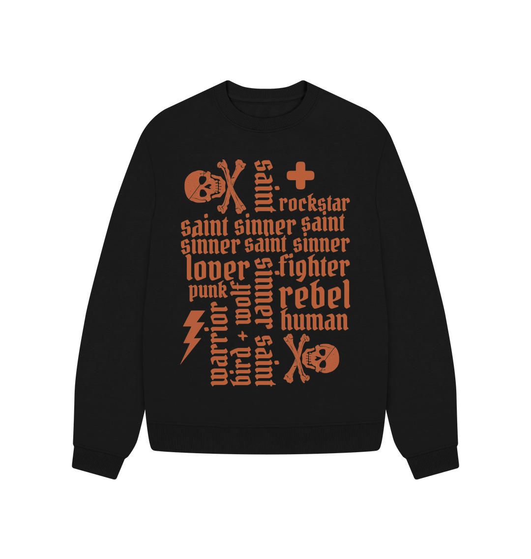 Black Sinner Saint + more Oversized Sweatshirt (Orange Lettering)