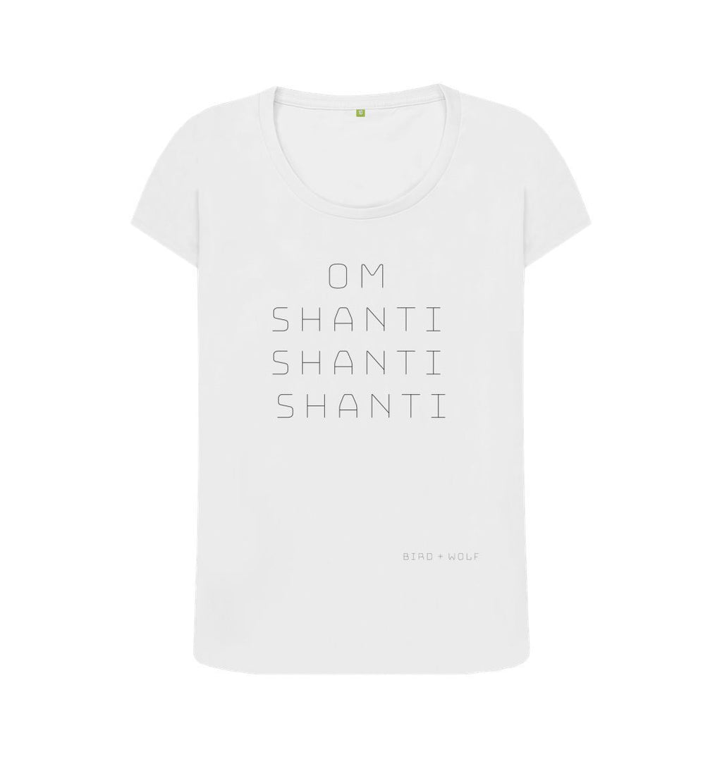 White Om Shanti Shanti Shanti Scoop Neck Tee