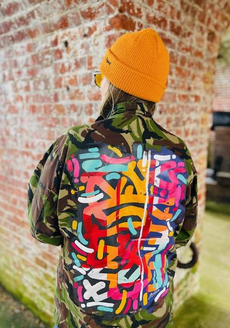 Bird + Wolf X Smiles 'Orange + Pink' Green Camo Jacket