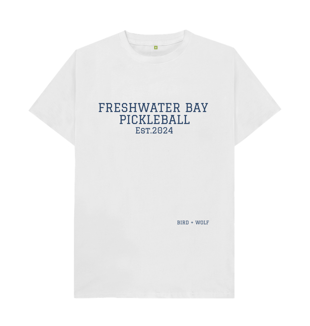 White Freshwater Bay Pickleball Classic Tee (Navy Lettering).