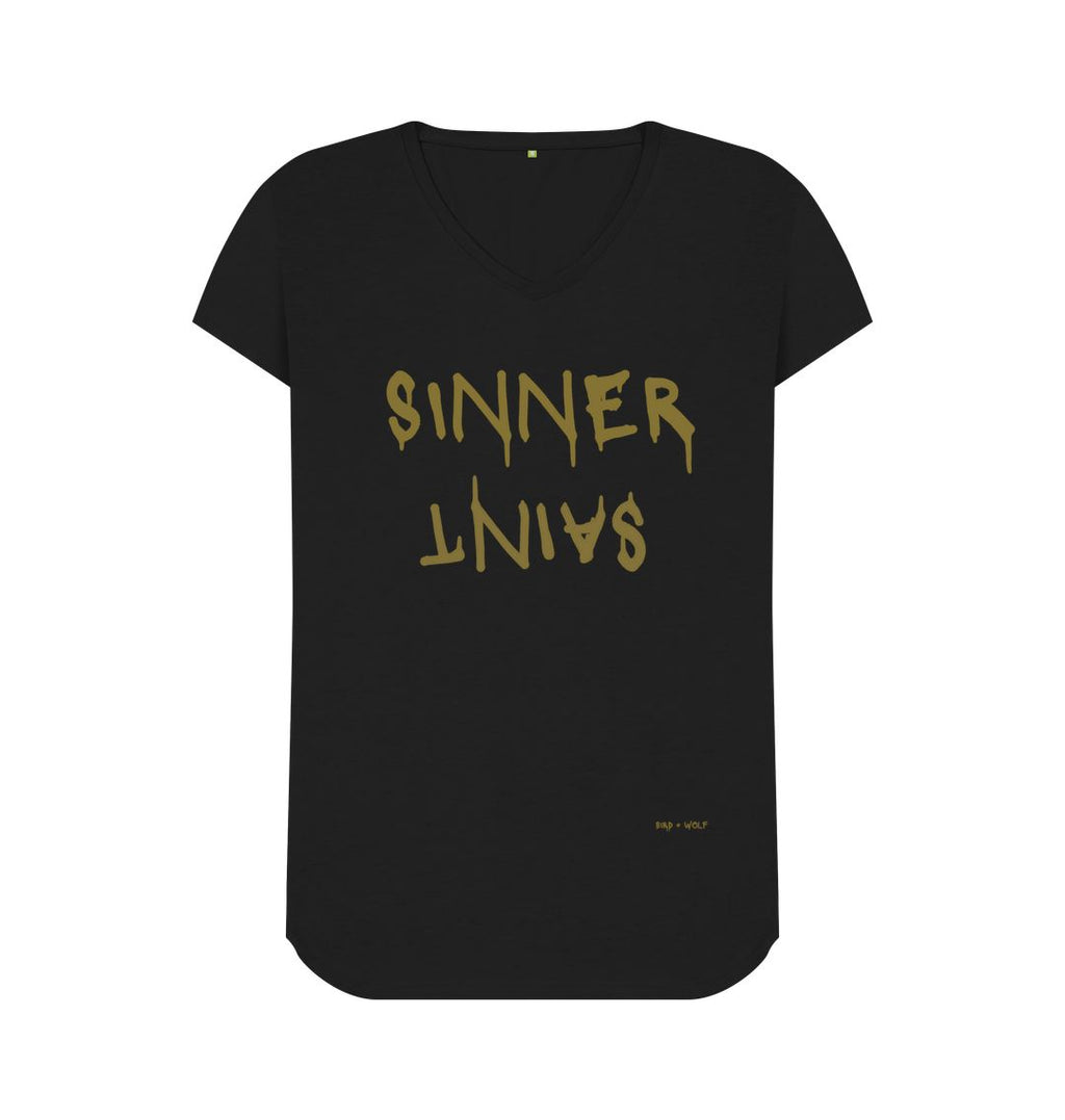 Black Sinner Saint V Neck Tee (Gold Lettering)