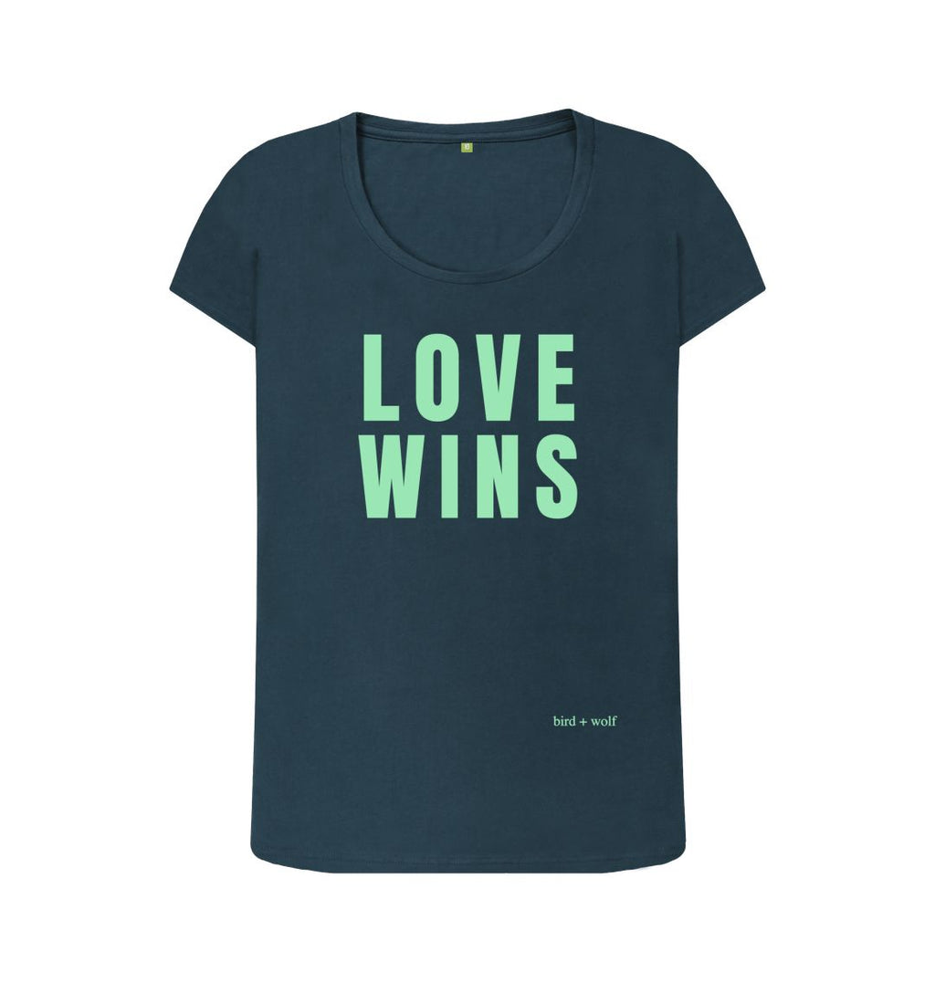 Denim Blue Love Wins Scoop Tee (Green Lettering)