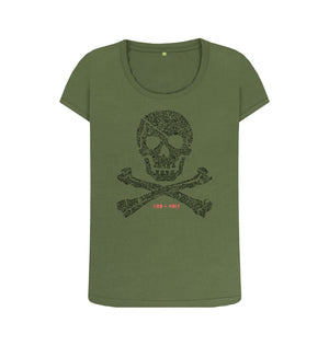 Khaki Skull + Crossbones Scoop Neck T Shirt