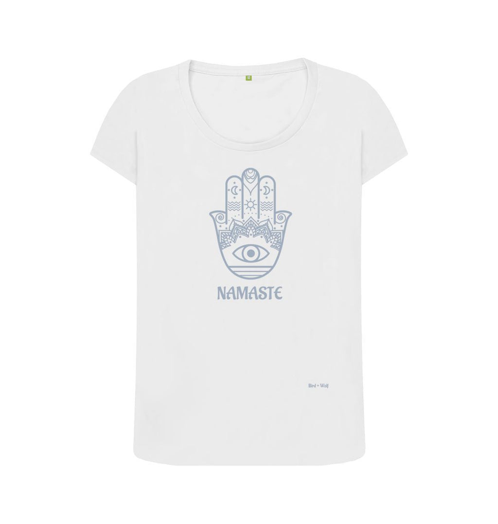 White Namaste Scoop Neck T Shirt