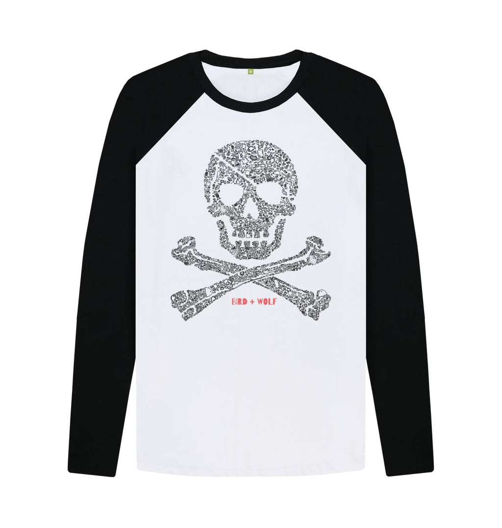 Black-White Skull + Crossbones Baseball T Shirt